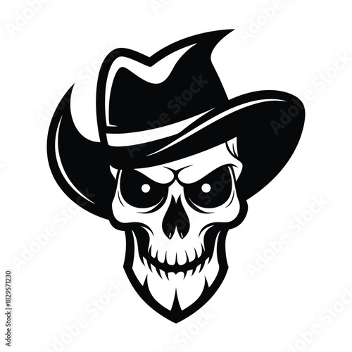 Isolated black skull wearing a cowboy hat gives a fearsome appearance in monochrome