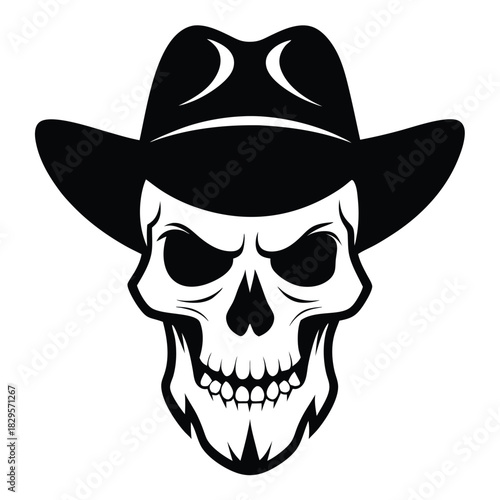 Skull wearing classic cowboy hat evokes a vintage outlaw in a stark monochrome