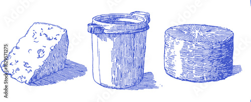 A blue and white drawing of a cheese, a pot, and a bowl. The cheese is on the left, the pot is in the middle. vector illustration