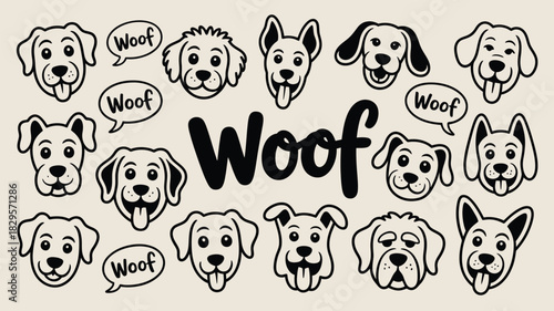 A collection of dog faces with woof text bubbles and a large woof text in the center design