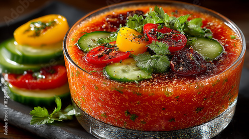 December 6th Food: Bright Red Gazpacho Soup with Cucumber, Tomato, and Basil Garnish on Dark Background. Overhead Photo for National Gazpacho Day Recipe or Healthy Diet Promotion.