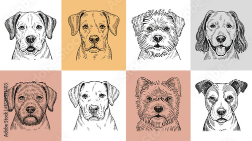 A collection of eight dog breed illustrations in a grid format with varying backgrounds colors