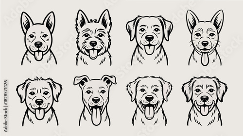 Collection of eight dog breed head illustrations with tongues out in black and white line art style