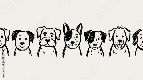 A row of seven cartoon dog faces with different ear and fur patterns drawn in black ink on a white background