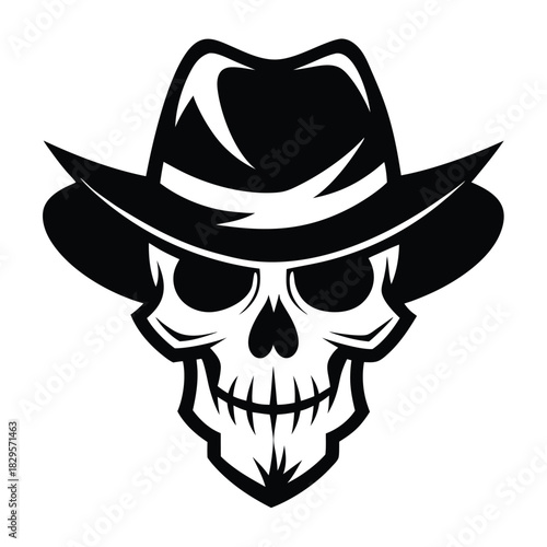 Black silhouette reveals a skull wearing a hat, a stark monochrome emblem with vintage flair