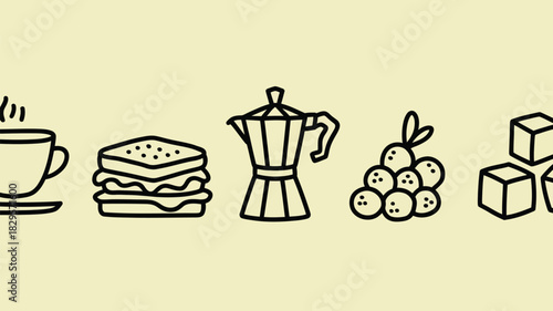 A linear illustration of a coffee cup, sandwich, coffee maker, grapes and sugar cubes on a light background