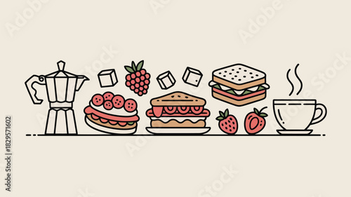 A line art illustration of coffee maker, desserts, sandwiches, and coffee cup on a light background