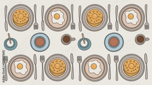 A repeating pattern of pancakes eggs coffee and cutlery on a light background in a cartoon style