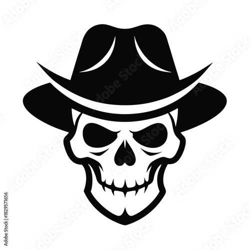 Black and white skull with cowboy hat and aggressive eye sockets appear fearsome