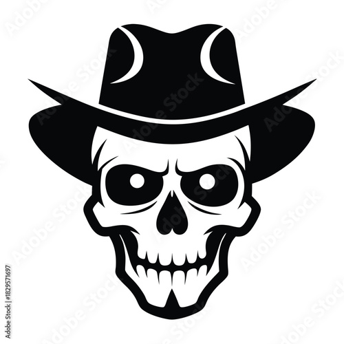 A monochrome skull wearing a stylish cowboy hat showcases spooky, stylized gothic art