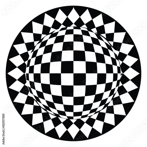 Optical illusion showcases a sphere covered with black and white squares within a circle