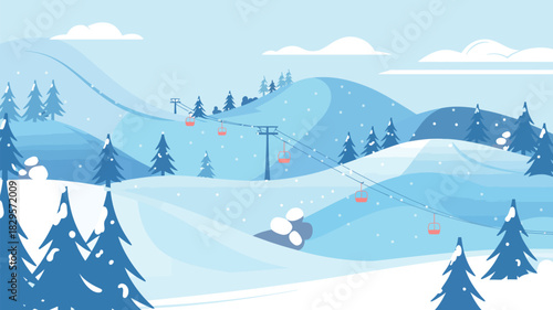 Winter Mountain Landscape Vector, Ski Resort Snowy Hill, Funicular Ski Lift Illustration