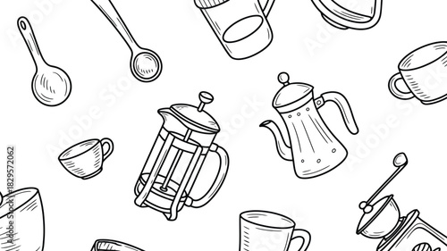 A seamless pattern of hand drawn coffee themed items including cups pots and spoons in black and white