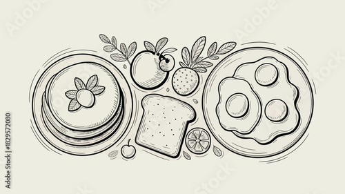 Hand drawn breakfast illustration with pancakes eggs toast and fruit in a decorative arrangement