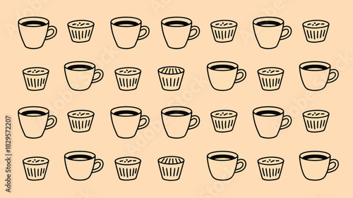 A seamless pattern of coffee cups and cupcakes on a light beige background in a simple line drawing style