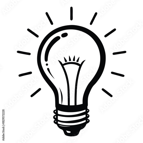 Shining lightbulb symbol emits bright radiating light in this simple black and white vector