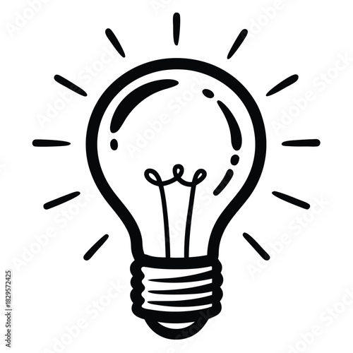 Isolated light bulb sketch shines brightly with minimalist, bold lines on a white backdrop