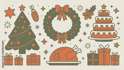 A christmas themed illustration featuring a tree gifts turkey cake and wreath on a light background