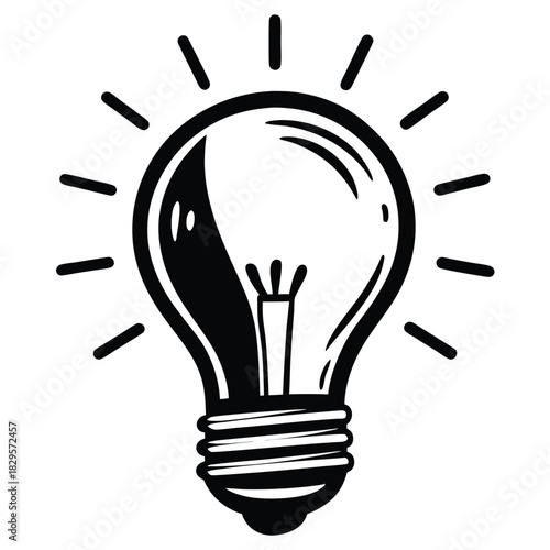 A stylized incandescent light bulb emits short rays in a monochromatic black and white picture