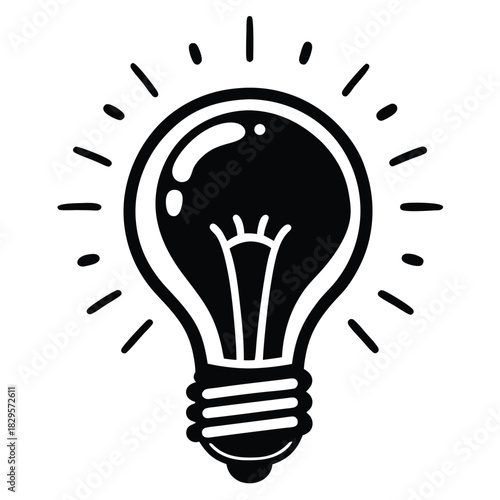 A bold monochrome light bulb emits radiating lines of light on a white backdrop