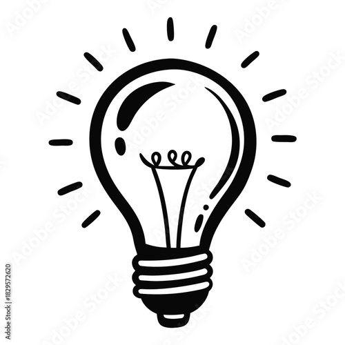 Simple black outline of a lit lightbulb shows illumination from idea generation
