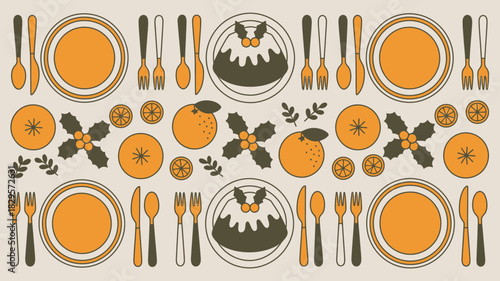 A festive pattern featuring plates, cutlery, oranges, holly, and christmas puddings in a repeating design