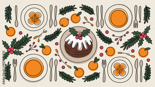 A festive table setting with christmas pudding oranges and holly arranged symmetrically on a cream background