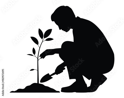 Man Planting a Sapling Silhouette - Reforestation, Gardening & Environmental Conservation