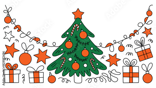 A christmas tree decorated with ornaments, candy canes, stars, gifts and string lights on white background