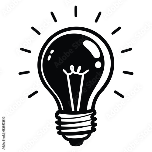 A black lightbulb emitting energy through filament and outline rays on a white backdrop