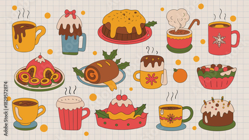 A festive assortment of desserts and hot drinks arranged on a checkered background illustration