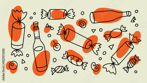 Illustration of assorted candies and bottles with orange blobs on a light beige background design