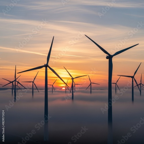 Wind turbines ascend from the morning mist creating renewable energy prospects under a radiant sky