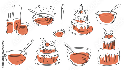 A line art illustration of baking ingredients and finished cakes with orange color fills and holly details