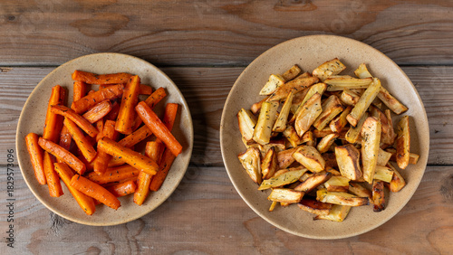 Root vegetables baked with honey and thyme, parsnips on one plate, carrots on the other. Wooden background.