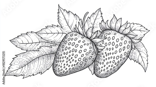 Pen and ink detailed illustration of two ripe strawberries with green leaves for food and design