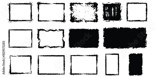 Hand-drawn grunge frames, distressed borders, rough artistic brush strokes set.