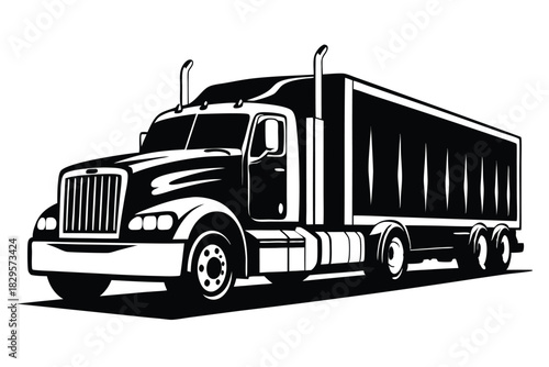 Isolated monochrome silhouette displays a powerful semi truck with an attached trailer on white