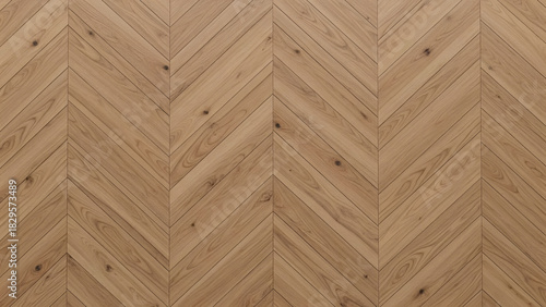 Detailed view of herringbone pattern wooden planks creates a geometric and textured backdrop, with alternating diagonal lines showcasing the natural grain and warm tones of the material.
