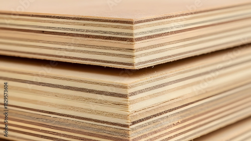 A stack of freshly cut plywood sheets, showcasing the layered wood grain and the warm, natural tones of the material with a soft, diffused light accentuating the texture.