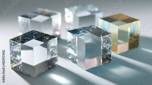 Floating frosted glass prisms absorb holographic light beams in a sharp noise-free composition Balanced gradients scatter delicately enhancing