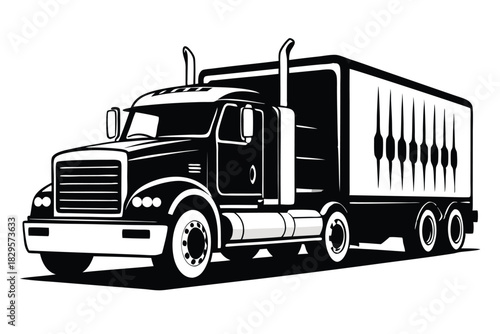 Black and white semi truck shows a detailed side profile on white background