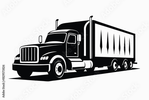 Monochrome semi trailer truck showing delivery freight transportation concept in a clean, minimalist style