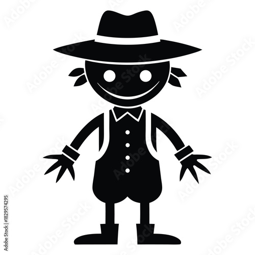 Isolated scarecrow character smiling and standing in traditional farmer attire, complete with hat and boots
