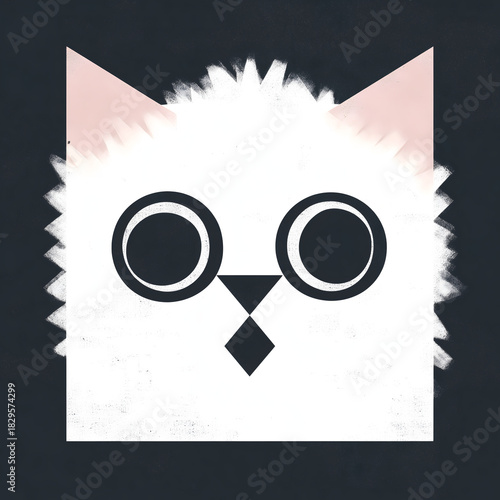 Minimalist geometric cat illustration with bold circular eyes, simple triangles and abstract square shape, modern graphic design featuring soft textured edges and pink ear accents
