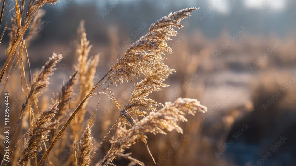 Fototapeta premium Frost-dusted meadow grass glowing in morning sunlight crystalline textures rendered sharply natural shadows define delicate edges exposure balanced