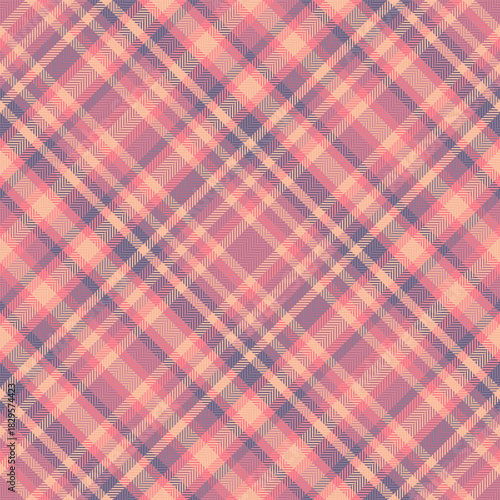 Stylish plaid pattern with subtle herringbone texture. Pastel pink, peach and muted blue create a visually interesting diagonal weave. Great for backgrounds, textiles  design.
