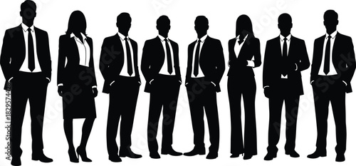 Professional business team silhouettes standing together in formal corporate attire, representing leadership, teamwork, diversity, workplace unity, confidence and modern office environment