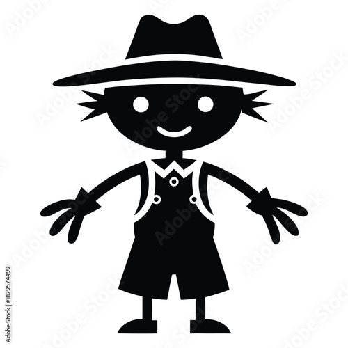 Black silhouette shows a cartoon scarecrow with straw hair wearing a hat smiling