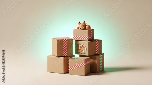 Stacked cardboard boxes with toy fox atop against gradient background